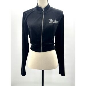 Juicy Couture XL Sweatshirt Full Zip Crop Black Velour Bling Rhinestone Y2k Glam